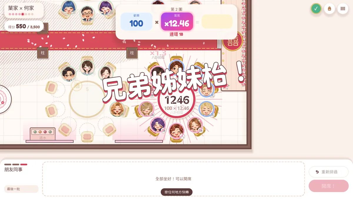 計緊分:兄弟姊妹枱,歡樂 100 乘氣氛 12.46,呢枱 1,246 分